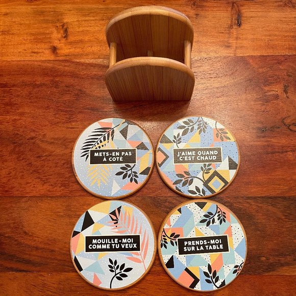 Coasters in French, Set of 4 Montreal-made wooden coasters with holder - Picture 1 of 7